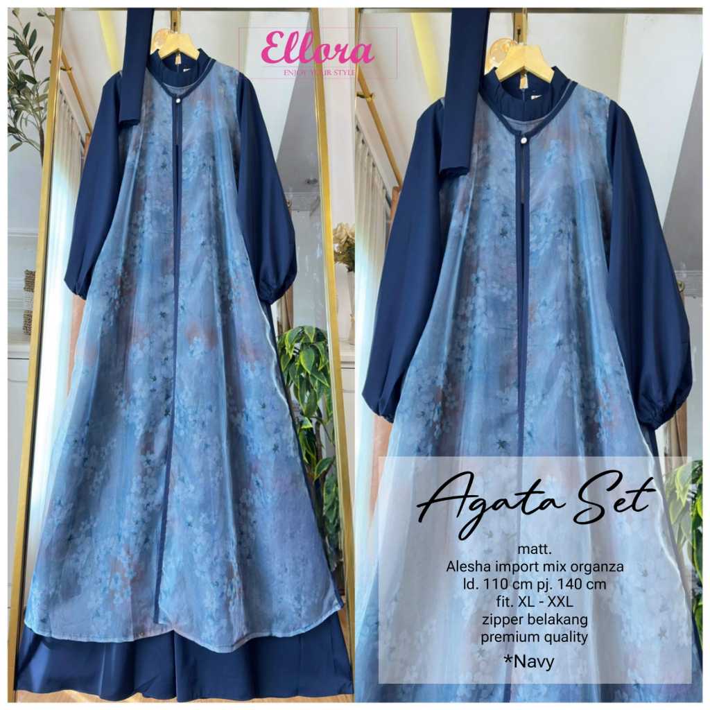 Agata Set Gamis Syar'i Outer Alesha Import Mix Organza Black Forest Original Ellora Premium Quality 
