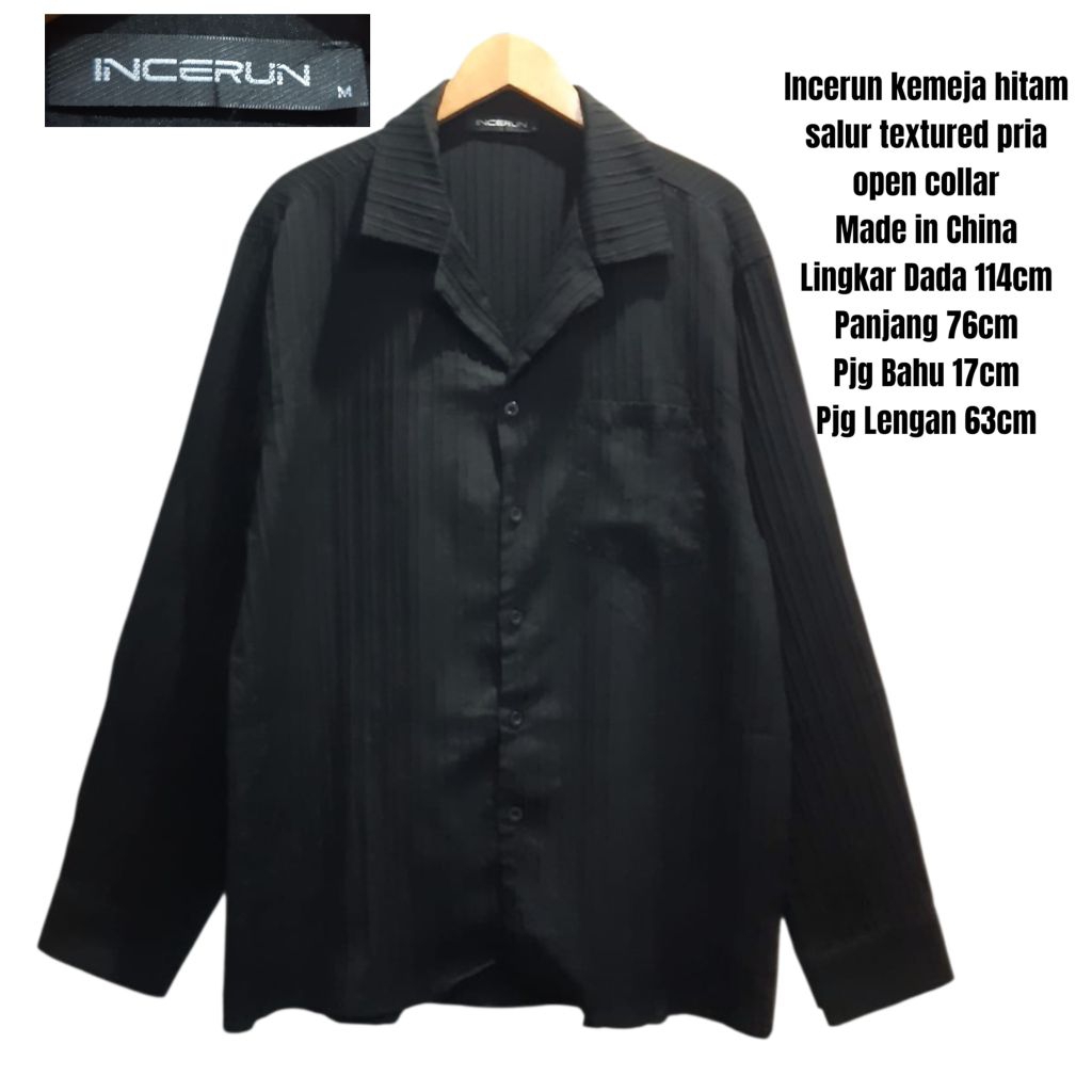 Incerun kemeja hitam salur textured pria skena open collar
