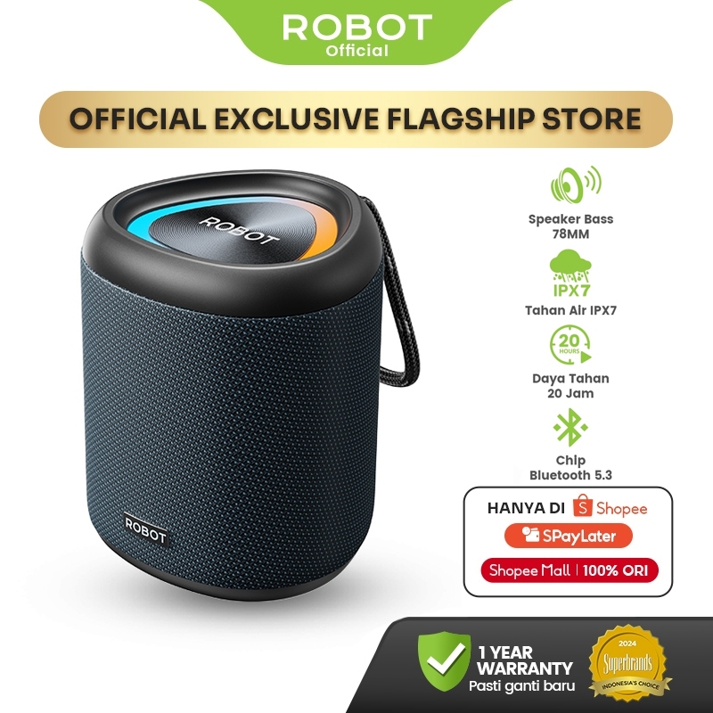 ROBOT Speaker Bluetooth Portabel 5.3 15W Super Bass 78mm with RGB Light Speaker Waterproof IPX7 RB12