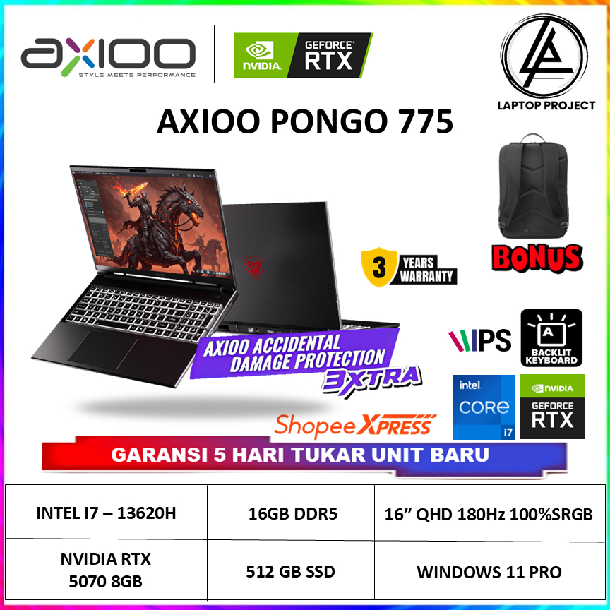 AXIOO PONGO 775 RTX 5070 8GB Intel i7 13620H 16GB SSD 512GB 16 inch QHD 180Hz W11 Pro - Pongo 775