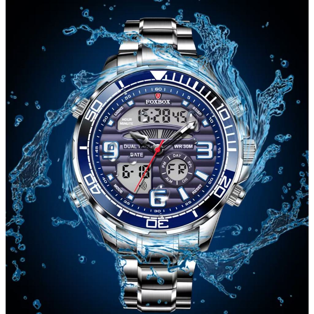 FOXBOX/LIGE Dual Display Electronic Quartz Watch Men's Multi functional Waterproof Watch Chronograph