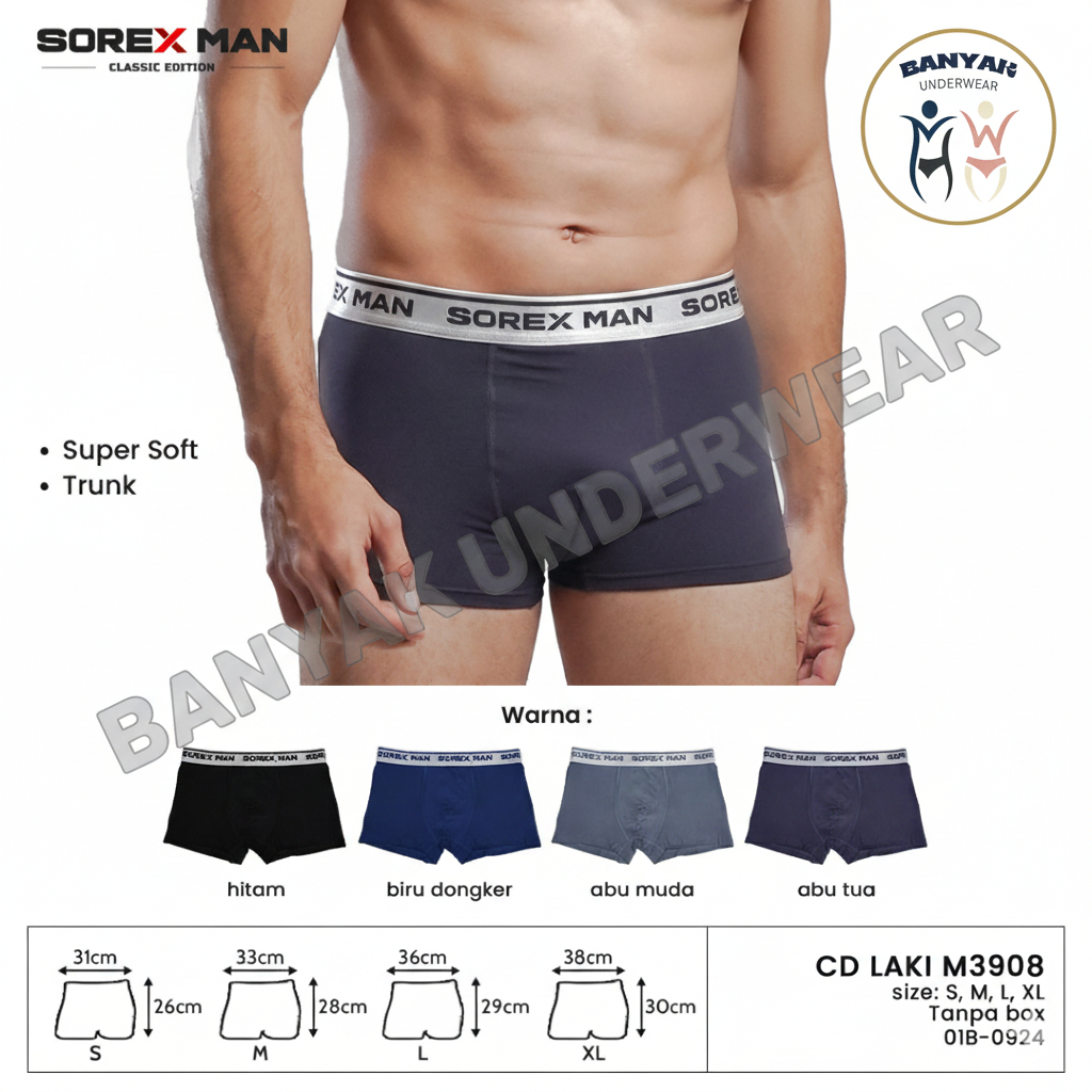 Sorex Man Boxer M3908 Celana Dalam Pria Katun Lembut Strech Adem Per 3 Pcs S M L XL Warna Random