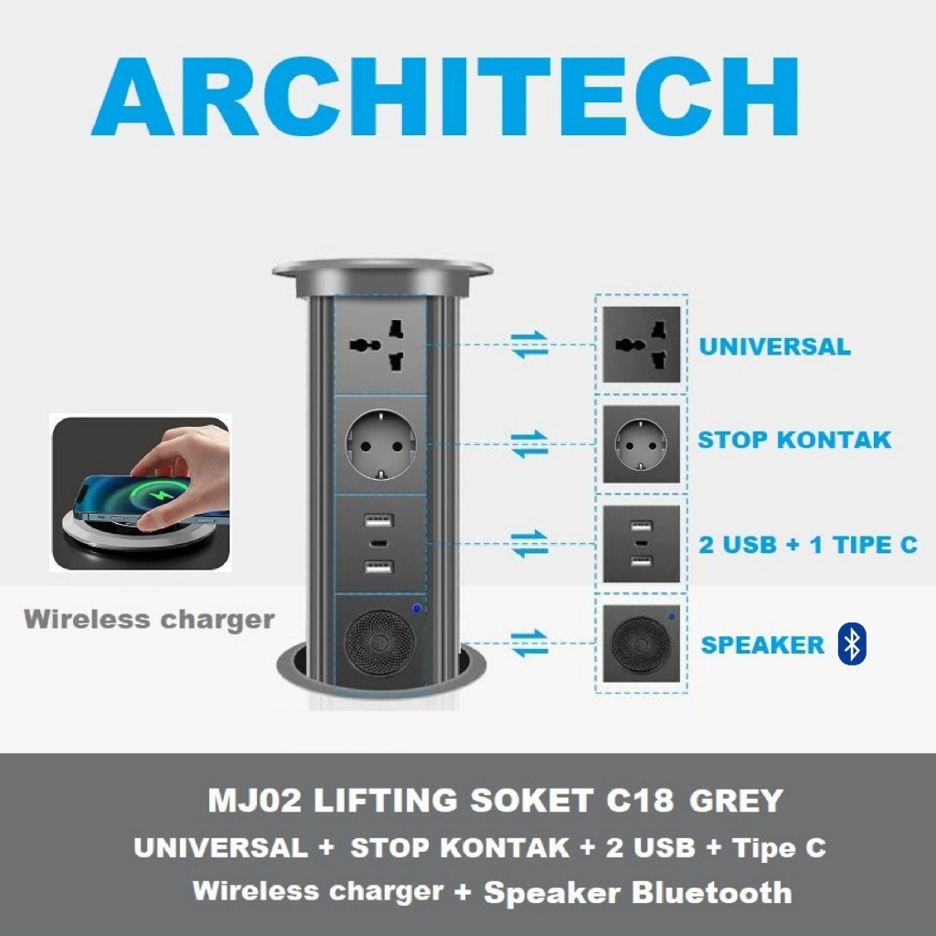 ARCHITECH MJ02  LIFTING SOKET C18 WIRELESS+BLUETOOTH GREY STOP KONTAK MEJA