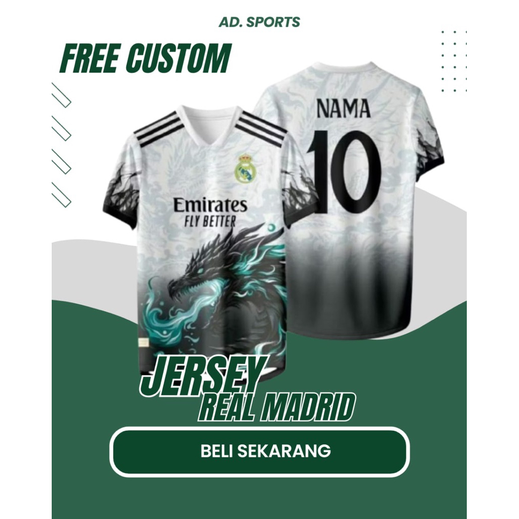 Baju Kaos Jersey Real Madrid Terbaru Custom Free Nama & No Punggung Full Printing Pria Wanita
