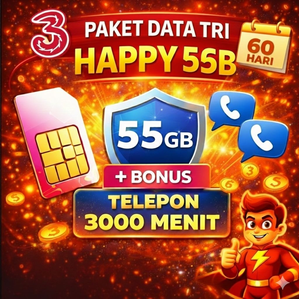 KUOTA TRI HAPPY 55GB 60 HARI + BONUS 3000MENIT NELPON