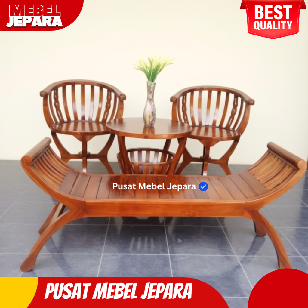 Kursi Teras Kayu Jati Minimalis 2 Kursi + Meja + Bangku Yuyu Set Mebel Rumah Teras Elegan