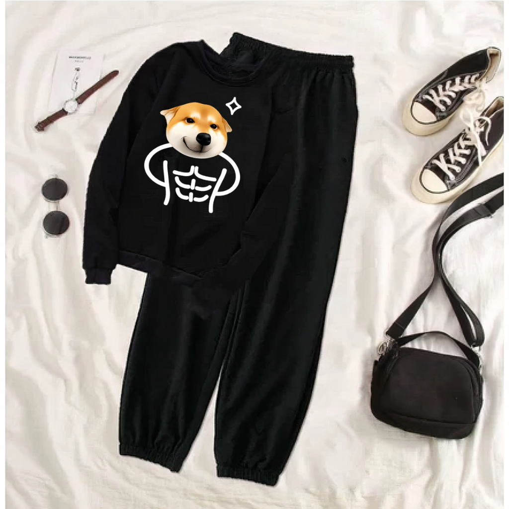 Choice Ali - Baju Sepasang Untuk Wanita Remaja Atasan Kaos Lengan Panjang Dan Jogger Karet Shiba Six