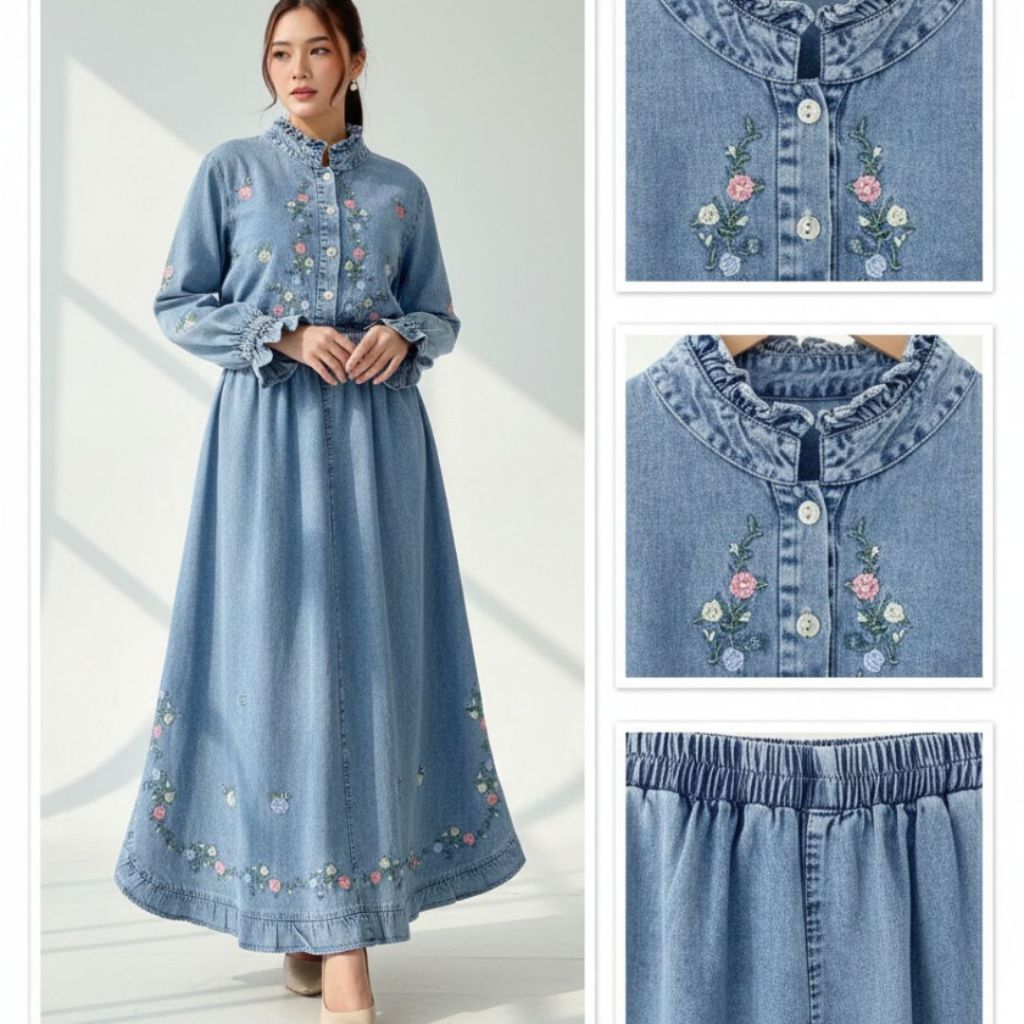 Setelan Rok Wanita Jeans Denim Bordir Bunga Premium Import Set Rok Denim Panjang Highwaist Blouse Je