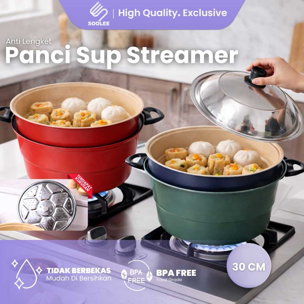 SOOLEE Panci Pengukus 2 Tingkat - Hijau Tua, Teflon Keramik Anti Lengket