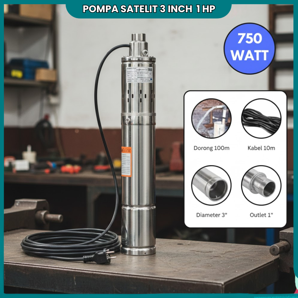 Pompa Submersible 3 Inch 1 HP 750W 100 Meter AC 220V | Pompa Satelit Sumur Dalam Tanam Kabel 10M