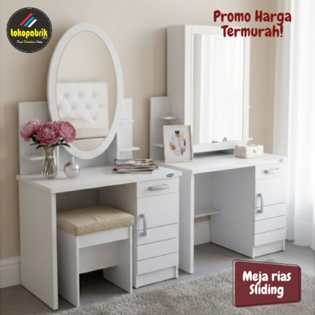Meja Rias Minimalis Sliding Geser / Cermin Kaca Meja Rias Kotak Meja Rias Oval Murah Tangerang Bogor