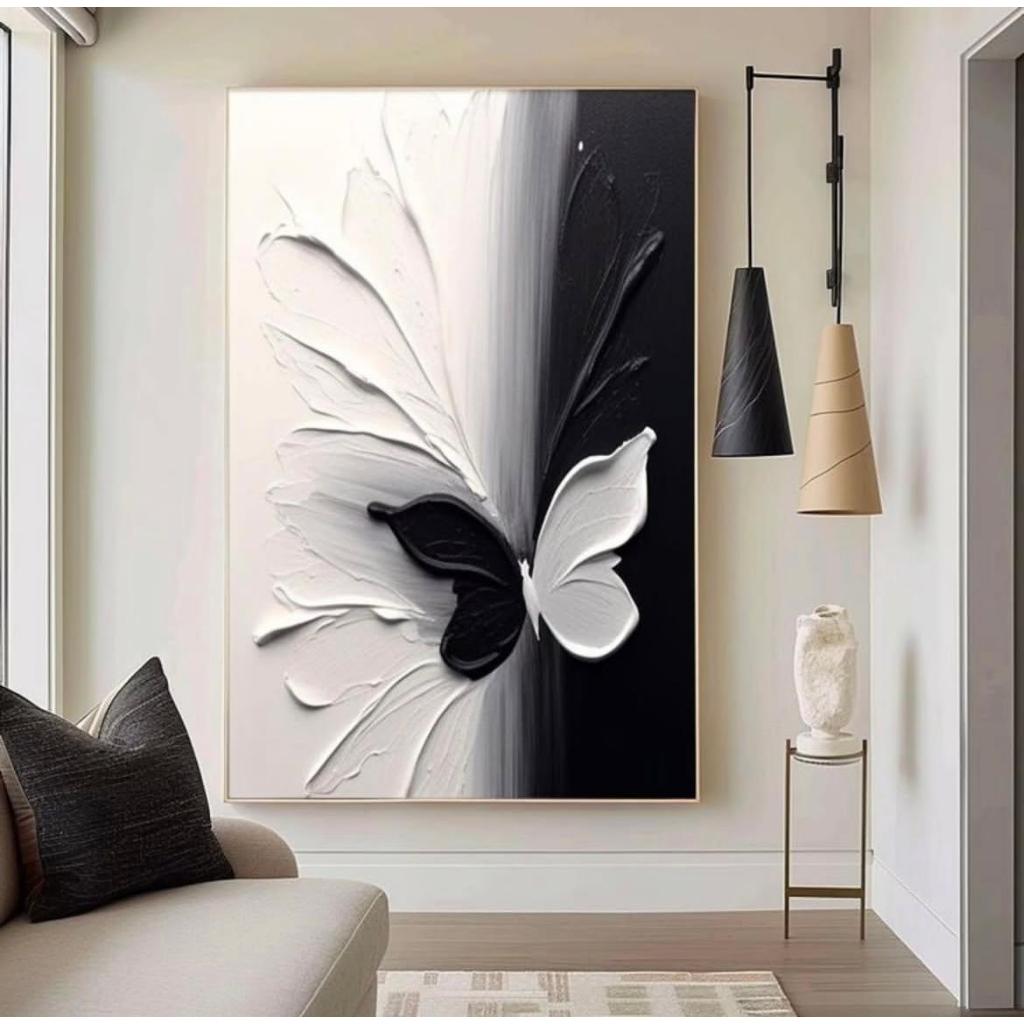 KIZI ARTISTIC - Dekorasi Dinding Lukisan Relief Tekstur Putih Hitam Elegan - Pajangan Ruang Tamu Kan