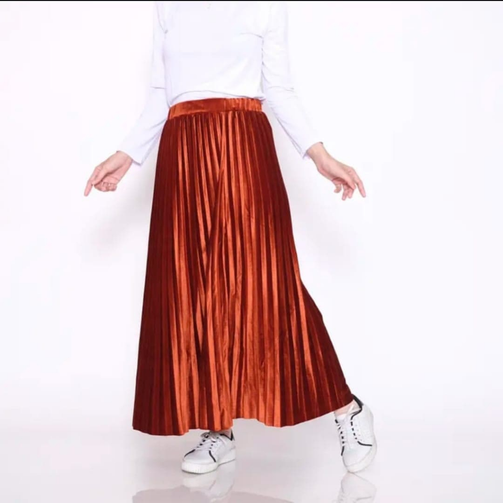 Rok Plisket Bludru Velvet Panjang - Rok Plisket Bludru Velvet