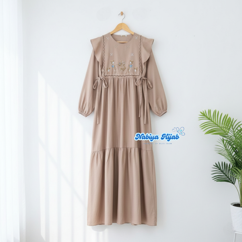 S M L XL XXL 5L Cherika Gamis Dress Polo Linen Bordir Wanita Terbaru Kekinian Jumbo Ld 140 130 120 P