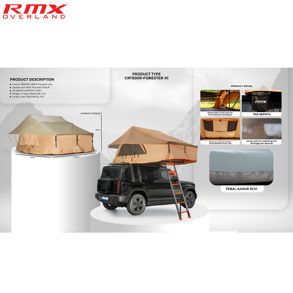 RMX Overland Rooftent Rooftop Roof Tent Tenda Atap Mobil Forester X1 Hard Shell 310x140