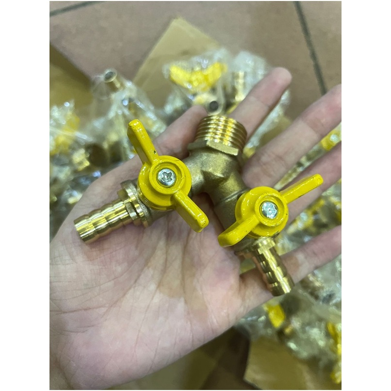 katup stop kran bentuk Y kupu selang elpiji Lng 1/2" inch bahan kuningan drat luar dalam pipa sambun