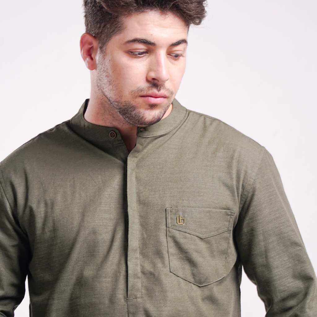 LUQMAN HAKIM Hizam Army | Kemko Kemeja Koko Pria Lengan Panjang | Kemeja Pria Bahan Katun | Atasan P