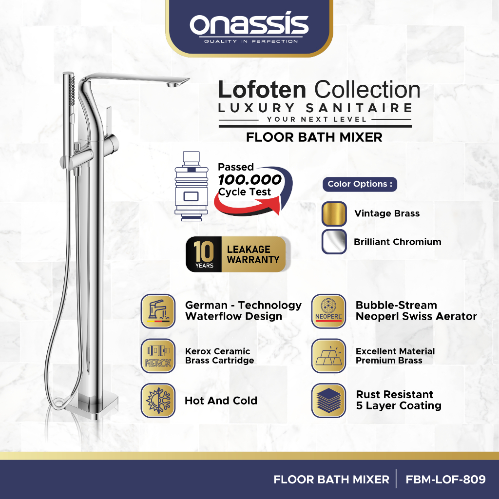 Onassis Floor Bath Mixer Lofoten 809  |  Anti- Leak Kerox Ceramic Brass Cartridge