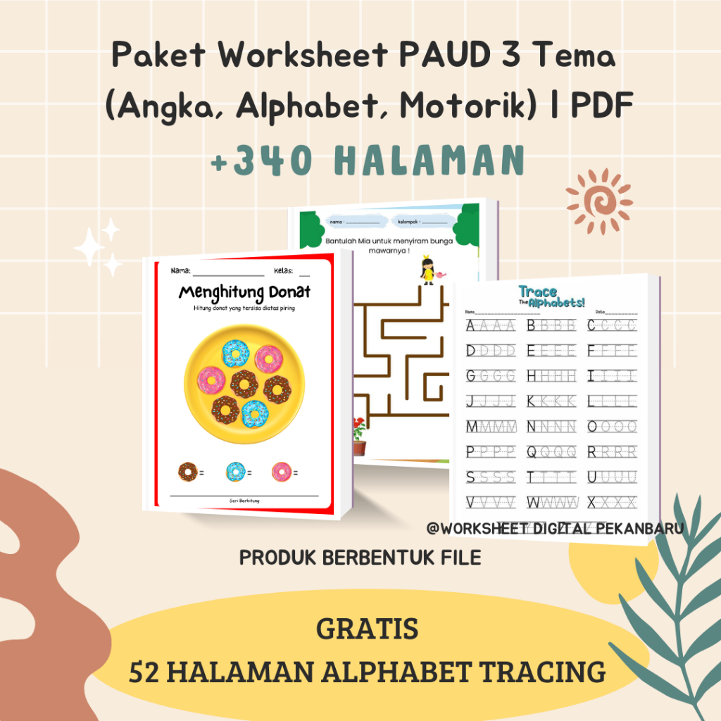Worksheet Anak PAUD – Bundling Berhitung + Alfabet + Motorik Halus (Digital PDF)