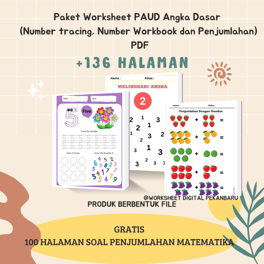 Worksheet Digital PAUD – Paket Angka Dasar (Tracing, Workbook & Penjumlahan) PDF