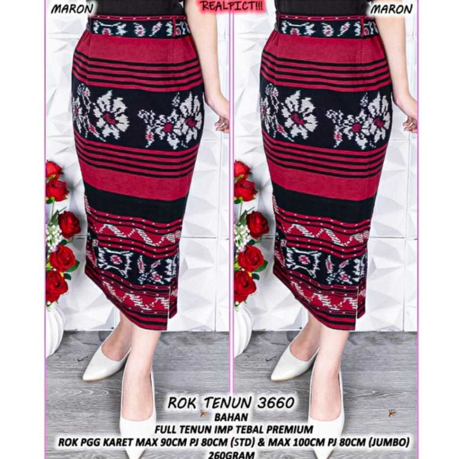 Rok Span 7/8, Tenun Ikat Belah Samping Kiri, Rok Tenun Etnik Wanita Terbaru - Motif Mawar Merah