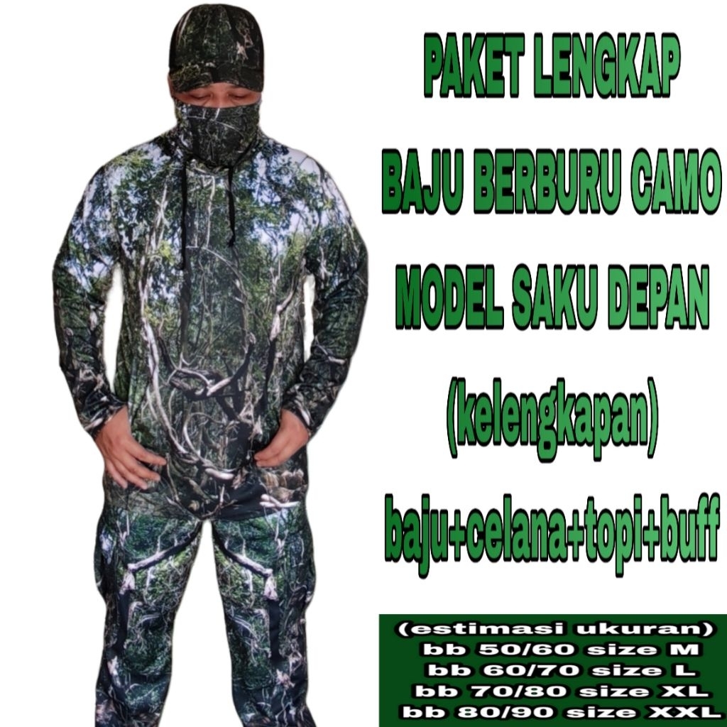 Baju Berburu Camo Lengkap hutan sniper ( baju+celana+topi+buff )