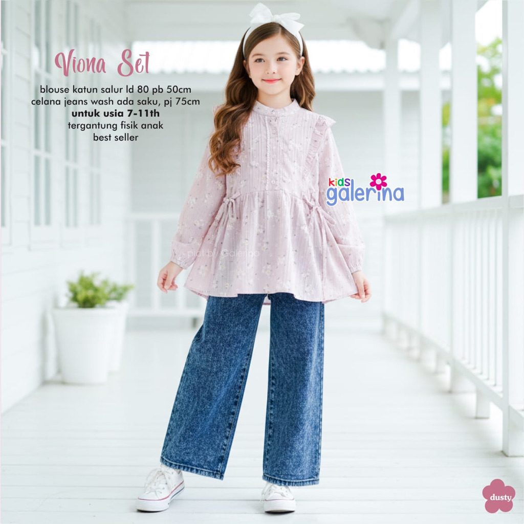 Viona Set Kids Setalan Blouse Elora Motif Lucu dan  Celana Kulot Jeans Oneset Anak Model Terbaru Dai