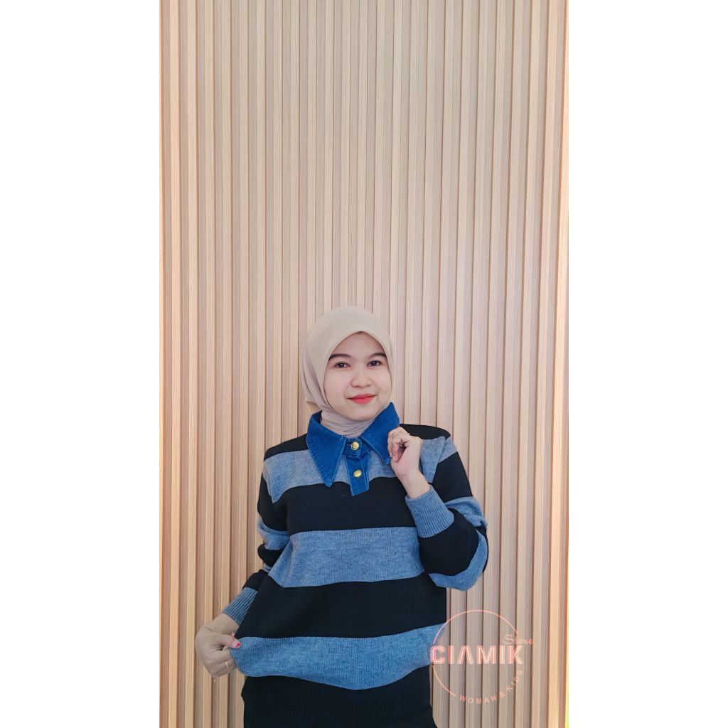 Rajut Salur Besar Kombinasi Krah Jeans Import