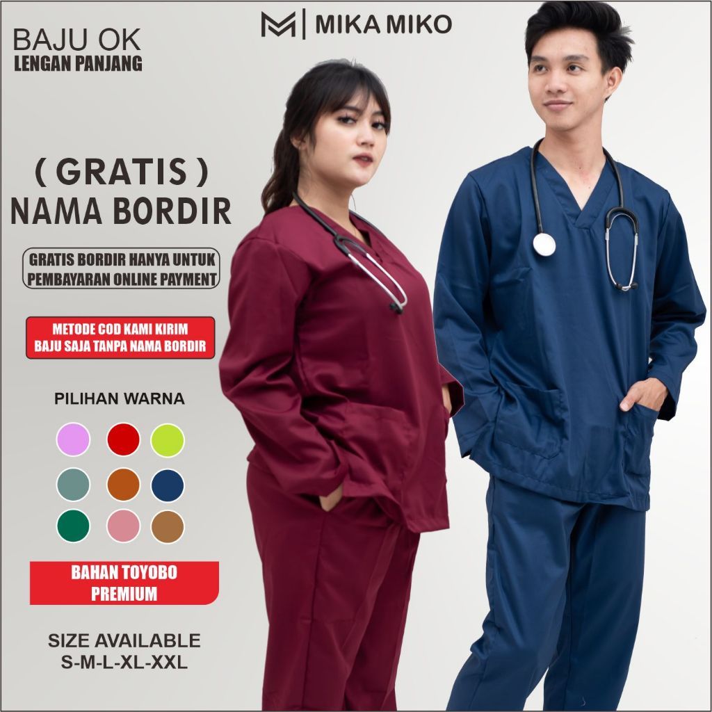 Baju OK DOKTER [GRATIS BORDIR NAMA] BAJU OKA Lengan Panjang SCRUB PERAWAT Stenen BIDAN