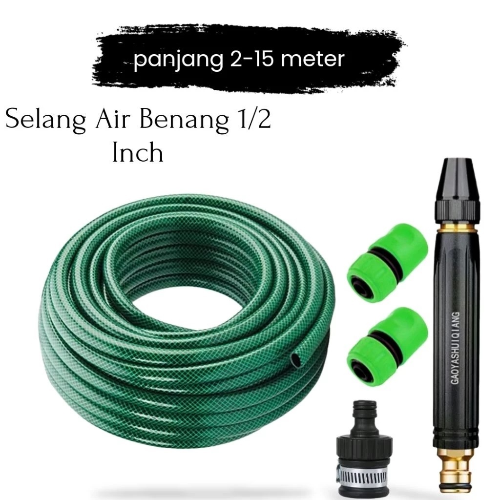 Selang Benang 1/2 Inch 15 Meter Semprotan Lurus Hitam Plastik Set 3 Konektor Untuk Semua Keran