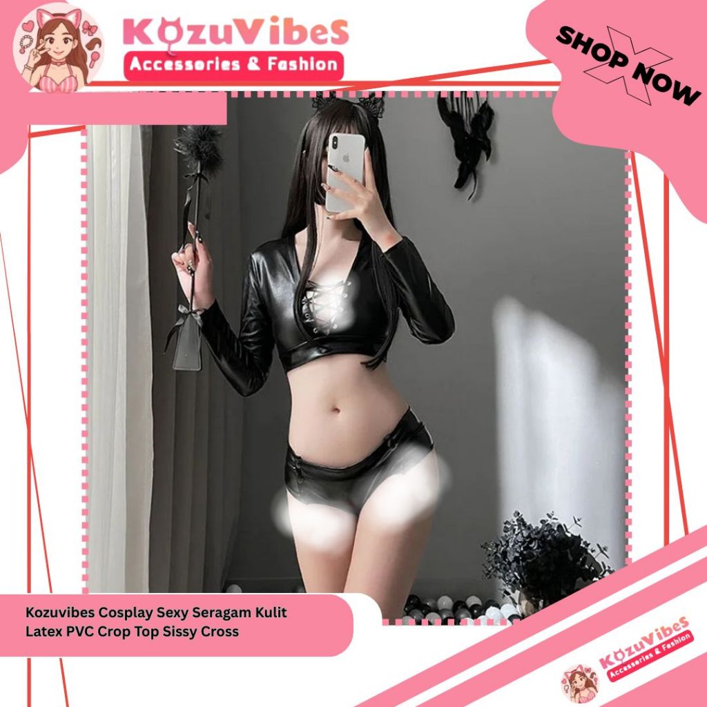 Kozuvibes Cosplay Sexy Seragam Kulit Latex PVC Crop Top Sissy Cross