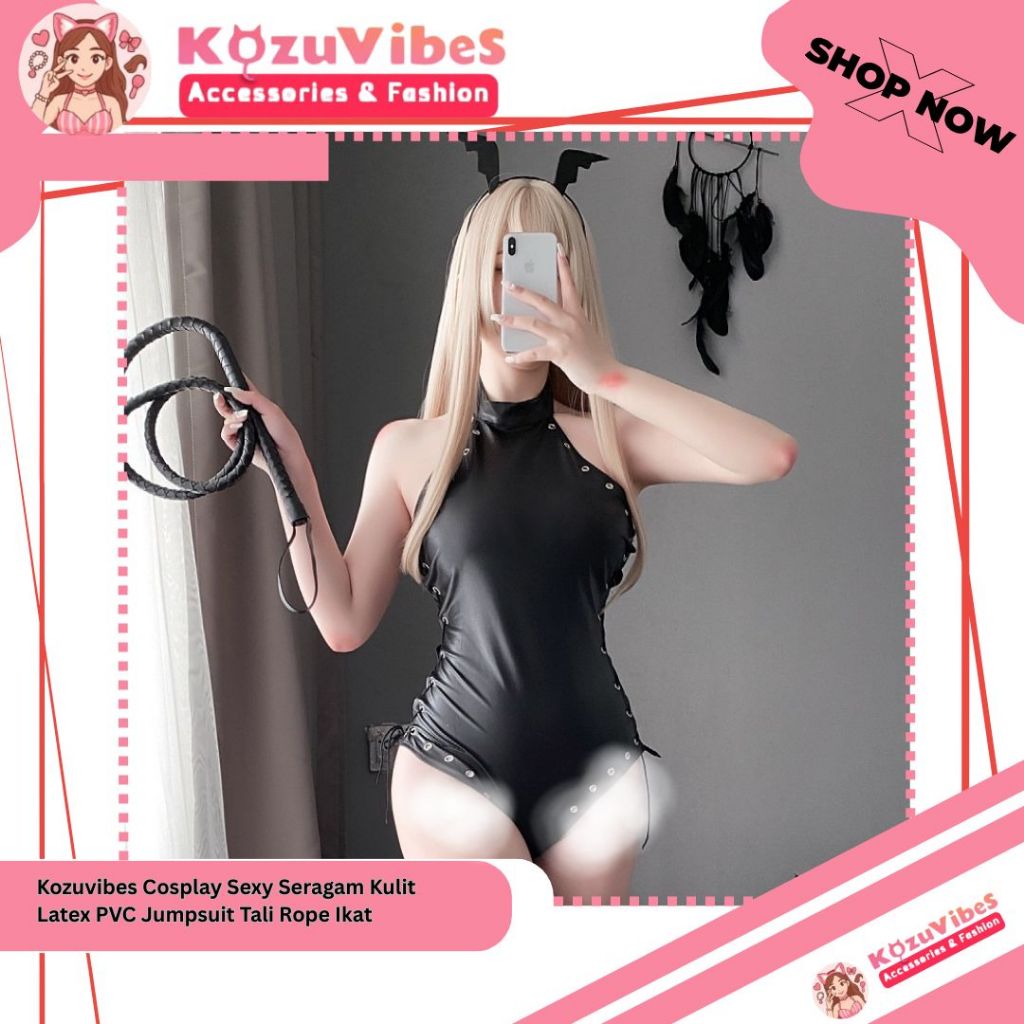 Kozuvibes Cosplay Sexy Seragam Kulit Latex PVC Jumpsuit Tali Rope Ikat