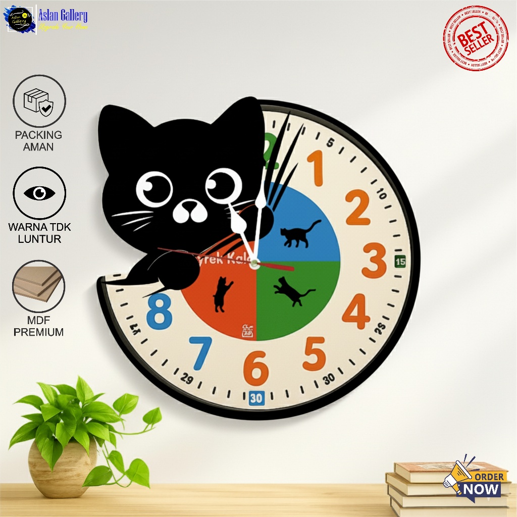 JAM DINDING UKIR 3D KARAKTER kucing aesthetic tempel karakter Dekorasi Rumah kamar tidur anak