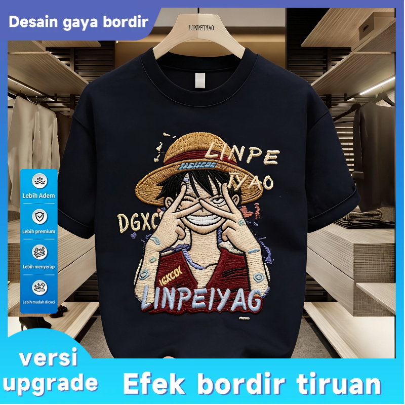 Kaos Pria Desain Gaya Bordir Karakter Luffy One Piece - Efek Bordir Tiruan Keren