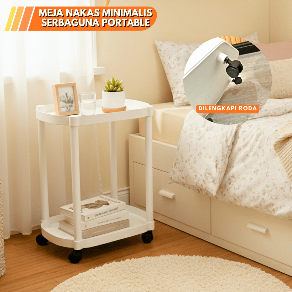 MEJA NAKAS OVAL MINIMALIS / MEJA KECIL MODERN SERBAGUNA 2 TINGKAT DENGAN RODA