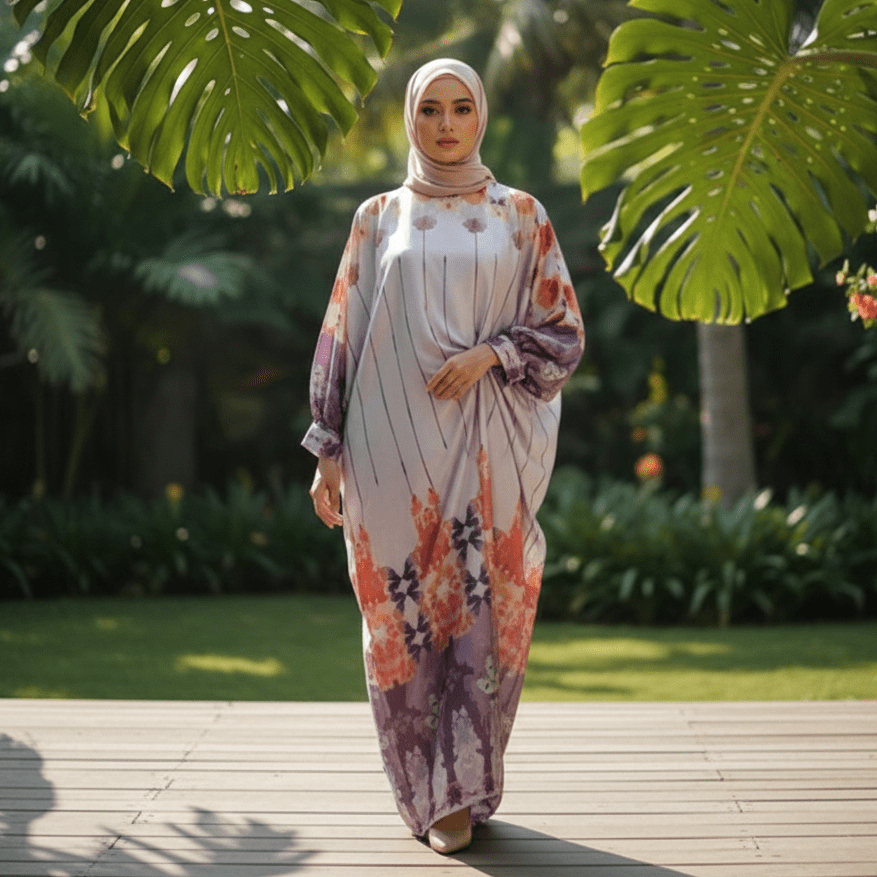 Lysandra Kaftan Riamiranda Signature – Kaftan Satin Silk Eksklusif Motif Purple Allsize Warna Ungu