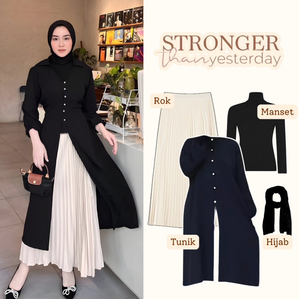 One Set Baju Lebaran / Outfit Hijab Simple Elegan / Tunik Panjang Rok Plisket / OOTD Lebran 2026 / (