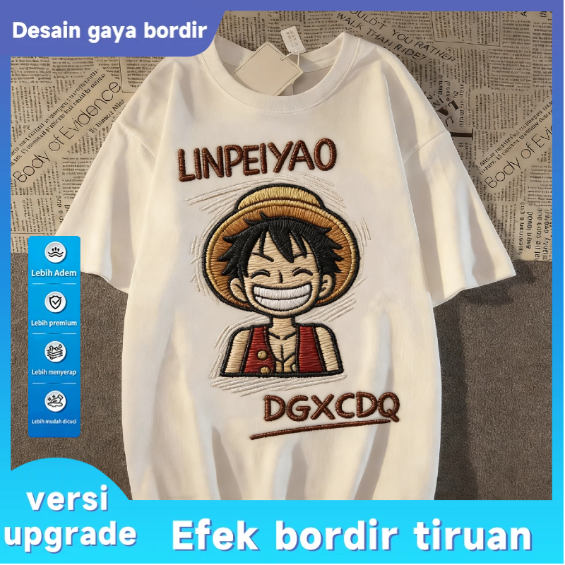 Kaos Pria Cutting Nyaman Desain Gaya Bordir Luffy - Efek Bordir Tiruan Sebagai Highlight Desain