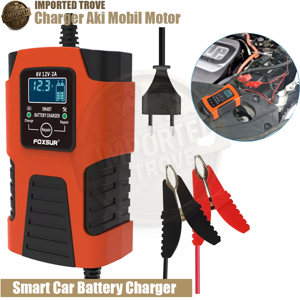 Foxsur Smart Battery Charger, Cas Aki Mobil Otomatis, Charger Aki Motor 12V 6V, Alat Cas Aki Portabl
