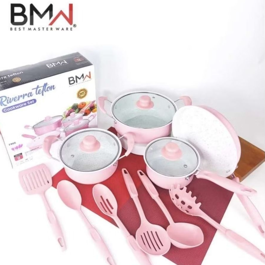 Panci Set 13 Pcs BMW Riverra Cookware Set Teflon Warna Marble 13 pcs panci Anti Lengket set Spatula 