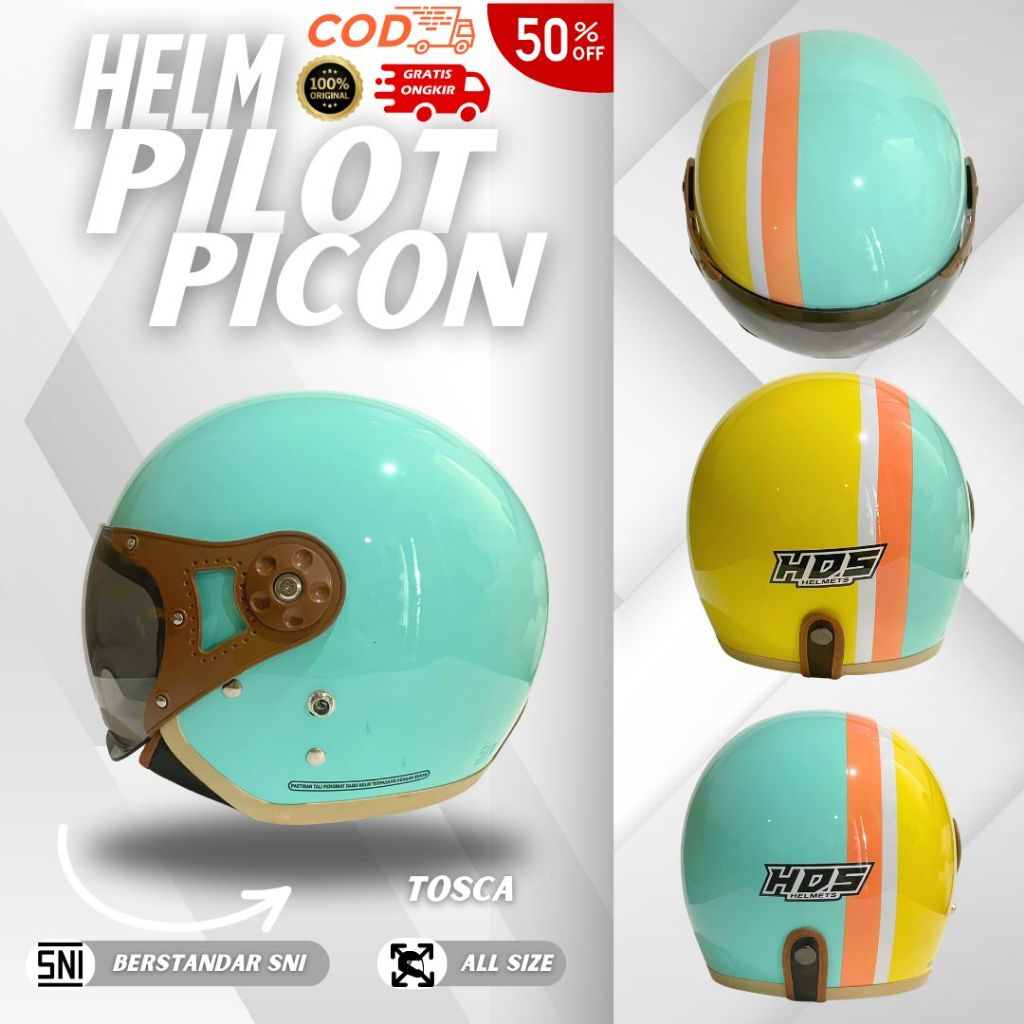 HDS HELMET Helm Bogo Dewasa Pilot Retro Premium Pria Wanita Hijab Motif Picon Biru SNI