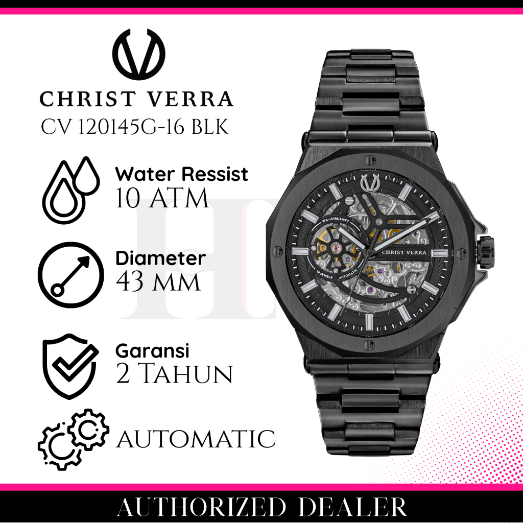 CHRIST VERRA CV 120145G-16 BLK Jam Tangan Pria Original Analog Automatic Antiair