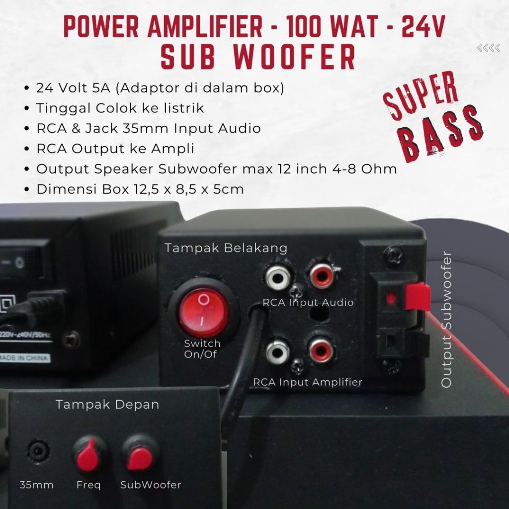 Power Subwoofer 24V 100W Amplifier Khusus Subwoofer Untuk speaker 6-12 Inch, Tinggal colok ke listri