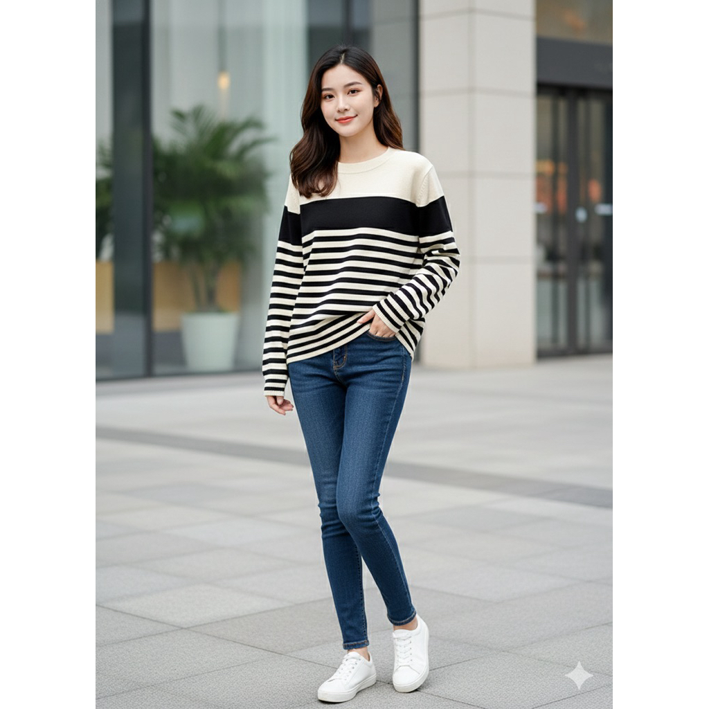 Nagita Atasan Rajut Wanita Stripe Oversize Knitwear Premium Lengan Panjang Salur Korean Style