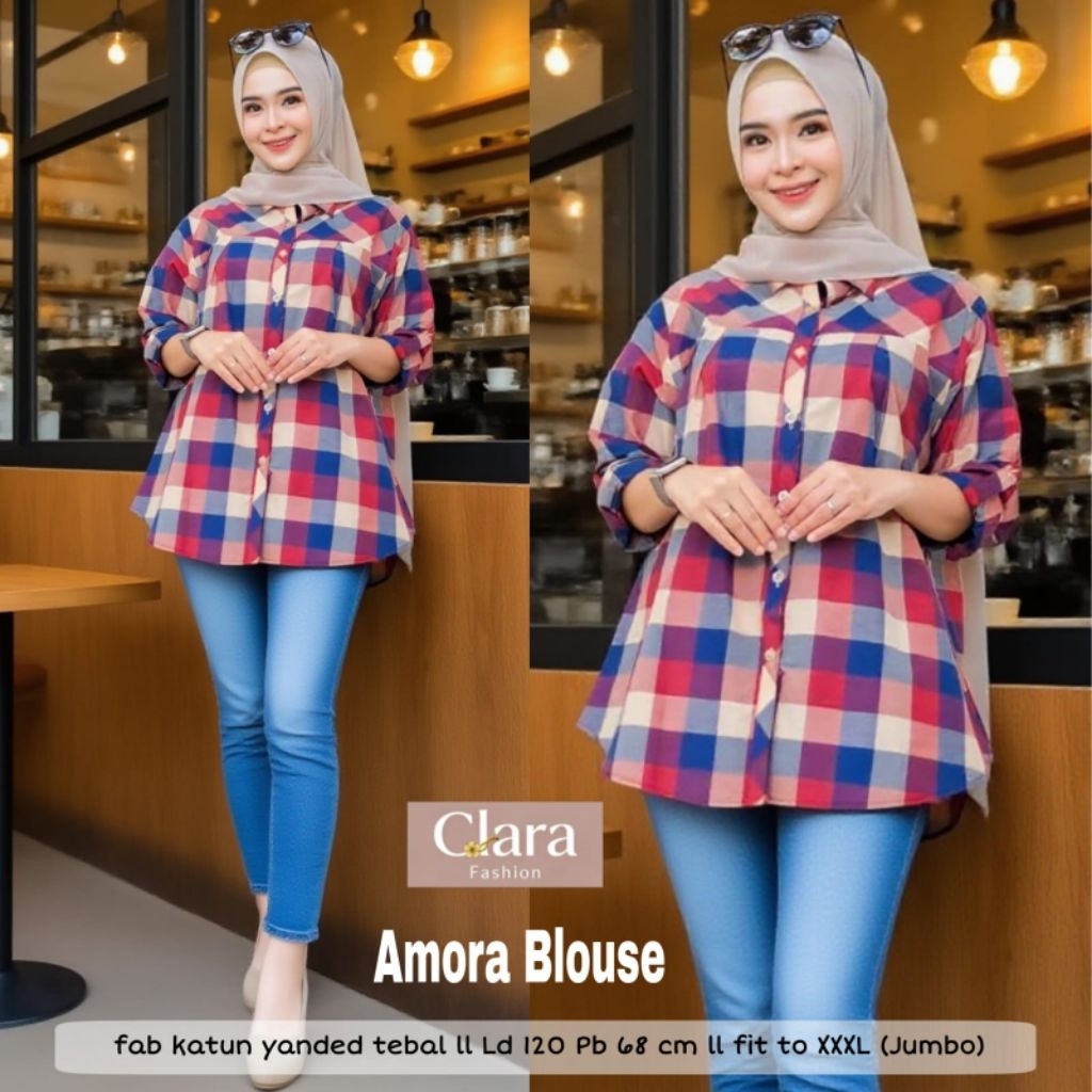 Blouse Kemeja jumbo motif kotak kotak Amora blouse