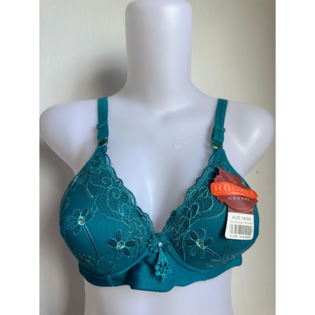 1 Pcs.. Bra Roumei Premium Motif Renda Kait 3 Hijau Tosca Busa Tebal (Size:36-38-40-42)