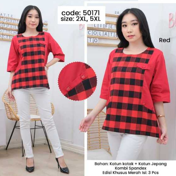 CUBIC Blouse 3/4 Kaos Katun Semi Stretch Wanita 50171 Khusus Warna Merah Size (2XL Dan 5XL)