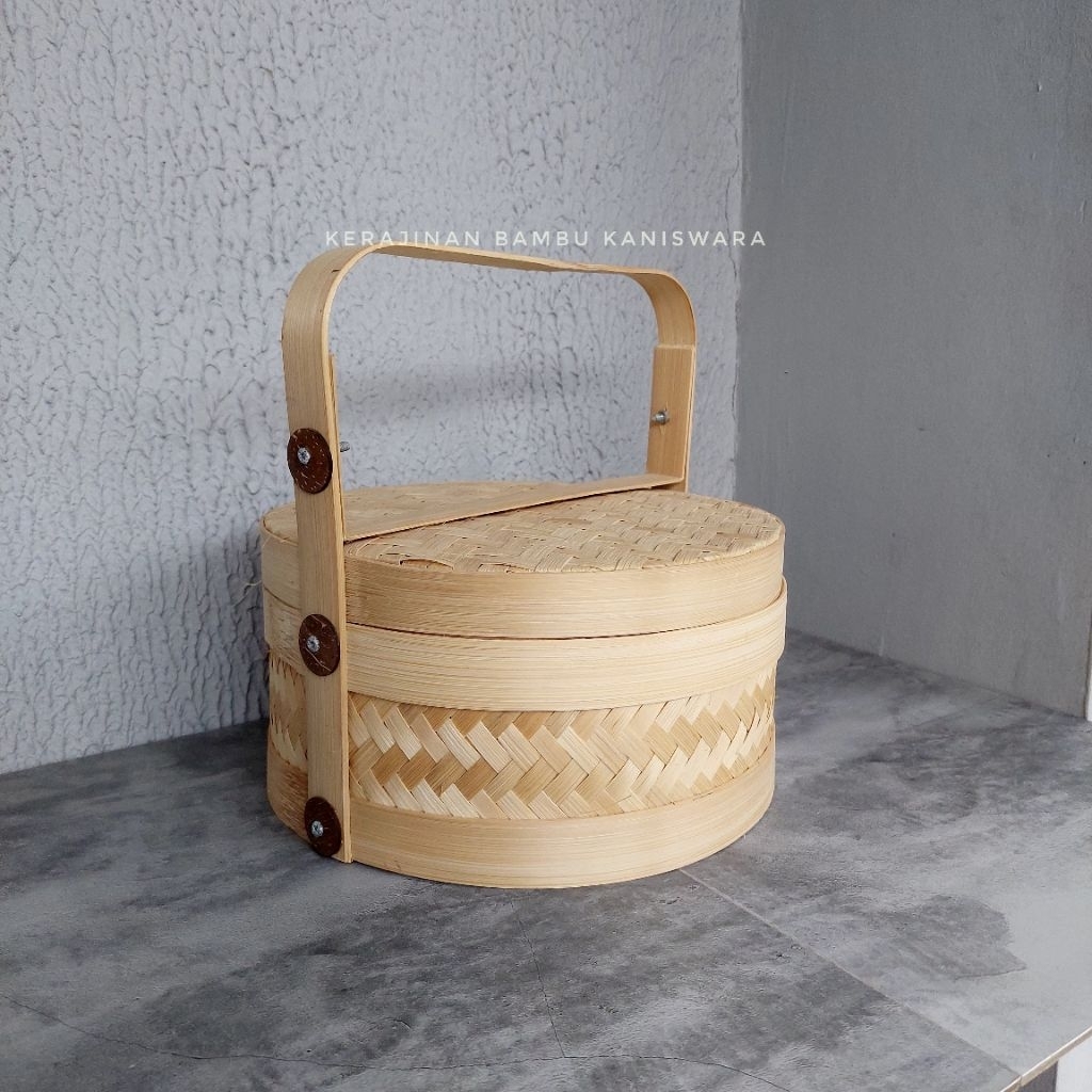 Rantang Bambu Bulat 25cm Anyaman Bambu Serbaguna Catering Hampers Kue Lebaran Natal Besek Parcel