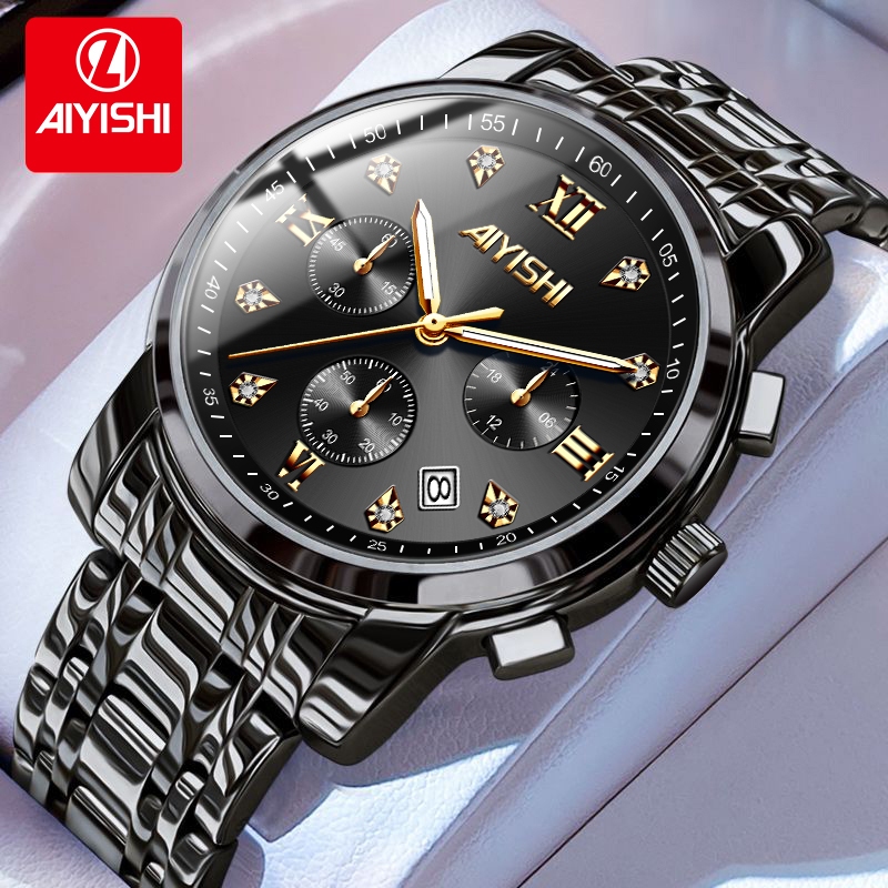 AIYISHI Jam Tangan Pria Original 100% Stainless Steel Strap Jam Tangan Laki-Laki Analog Anti Air Qua