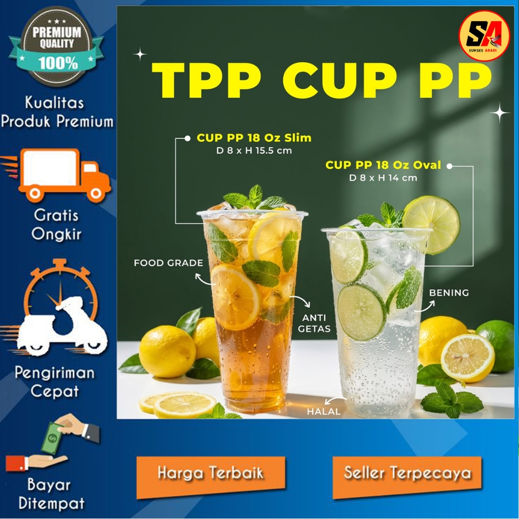 TPP Gelas / Cup Plastik 16 / 18 / 22 OZ Oval / Datar